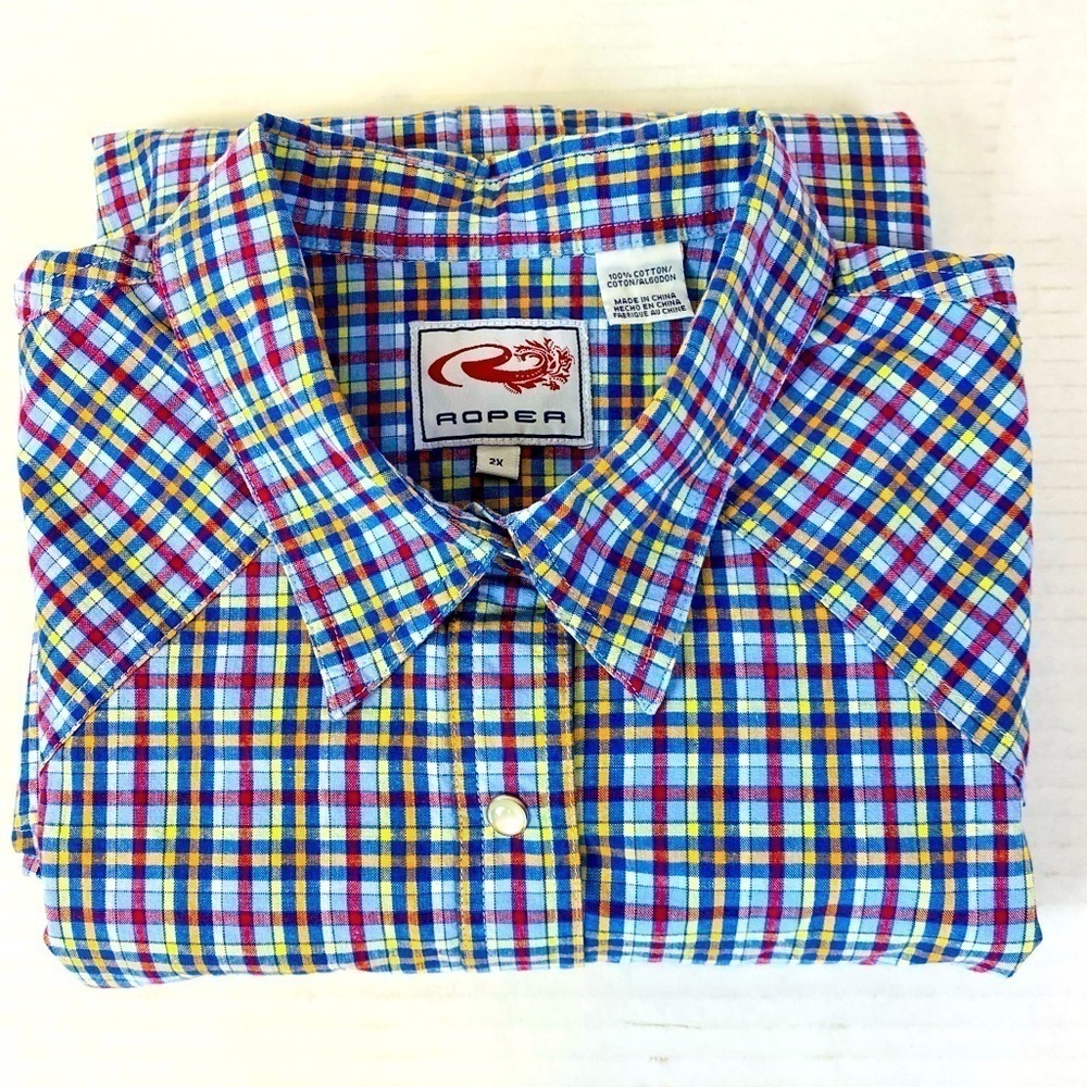 Roper Blue Plaid Pearl Snap Long Sleeve Western Shirt Size 2X